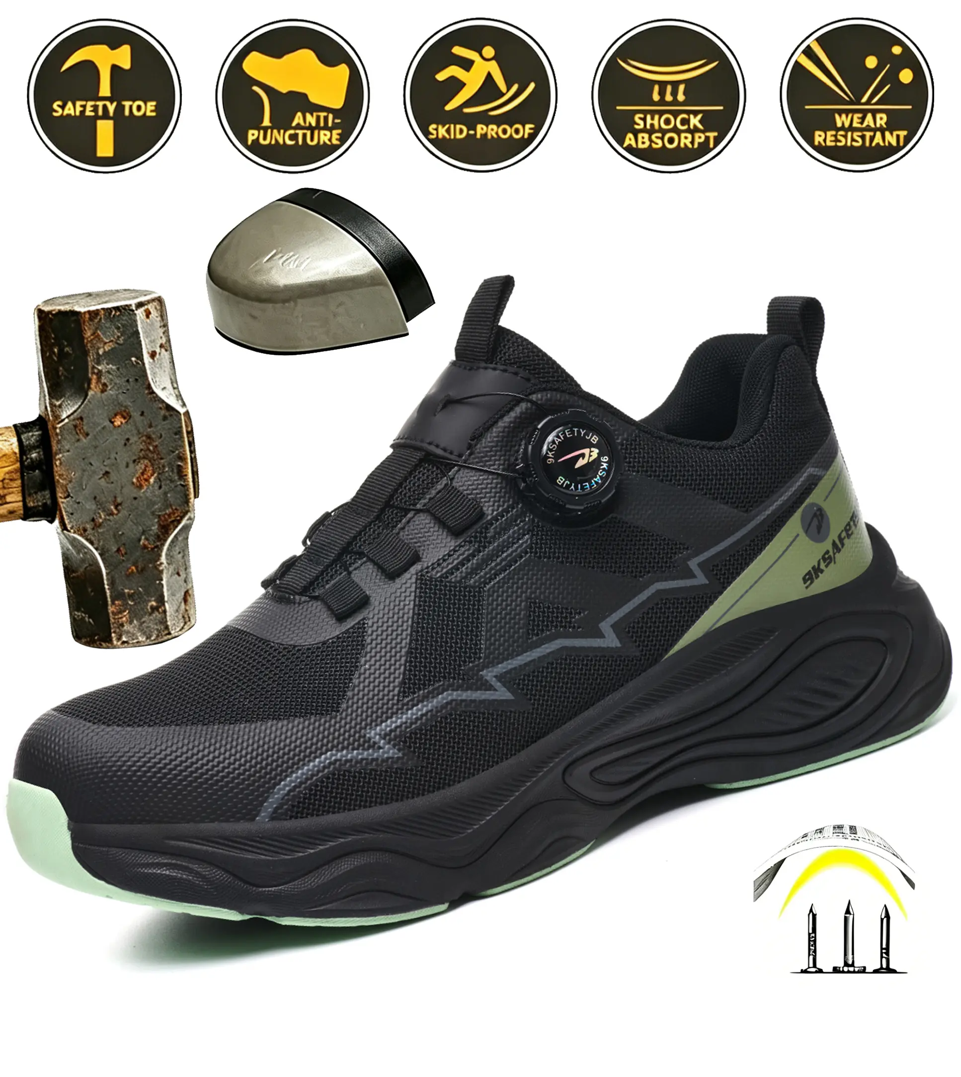 Labor protection shoes are anti-smash and anti-puncture, men's button fly-knit breathable, comfortable, safe, wear-resistant, shock-absorbing, non-slip, protective work shoes, Footwear