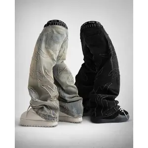 2025 Y2k Streetwear Retro Raw Edge Embroidery Baggy Jeans Men Women Fashion Hip Hop Personality Patchwork High Waist Denim Pants