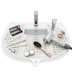 Sink Topper Foldable Sink Cover - Silicone Beauty Makeup Brush Cleaning Mat - Vanity Tools Organizer - Bathroom Must Have Accessory for Extra Space & Storage Saver - Cleaner Pad - Small, Pearl White