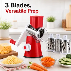 MIUVA Multifunctional Manual Rotary Cheese Grater with 3 Replaceable Stainless Steel Blades, Hand Crank Vegetable Cutter, Slicer & Shredder for Cheese, Potatoes, Cucumbers, Carrots, Nuts & Chocolate, Kitchen Gadget