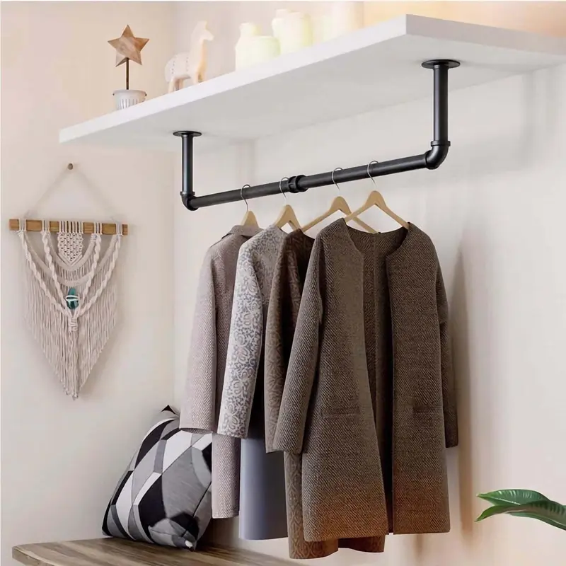Heavy-Duty Wall-Mounted Industrial Pipe Garment Rack - 36in Iron Hanging Rod with Wood Shelves, Multifunctional Hangable Adjustable Organizer (25kg+ Capacity) for Laundry Room, Coffee Bar, Craft Station, Black Metal Tidy Storage Helper