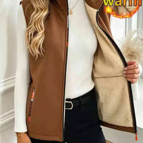 Women's Thick Fleece-Lined Mock Neck Vest, Polyester Autumn-Winter Warm Sleeveless Outerwear with Sporty Look, Zipper Closure, Suitable for Outdoor Sports, Casual Wear, Sohochic