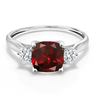 10K White Gold Red Garnet and White Moissanite 3 Stone Engagement Ring For Women (2.11 Cttw, Cushion 7MM, Gemstone January Birthstone)