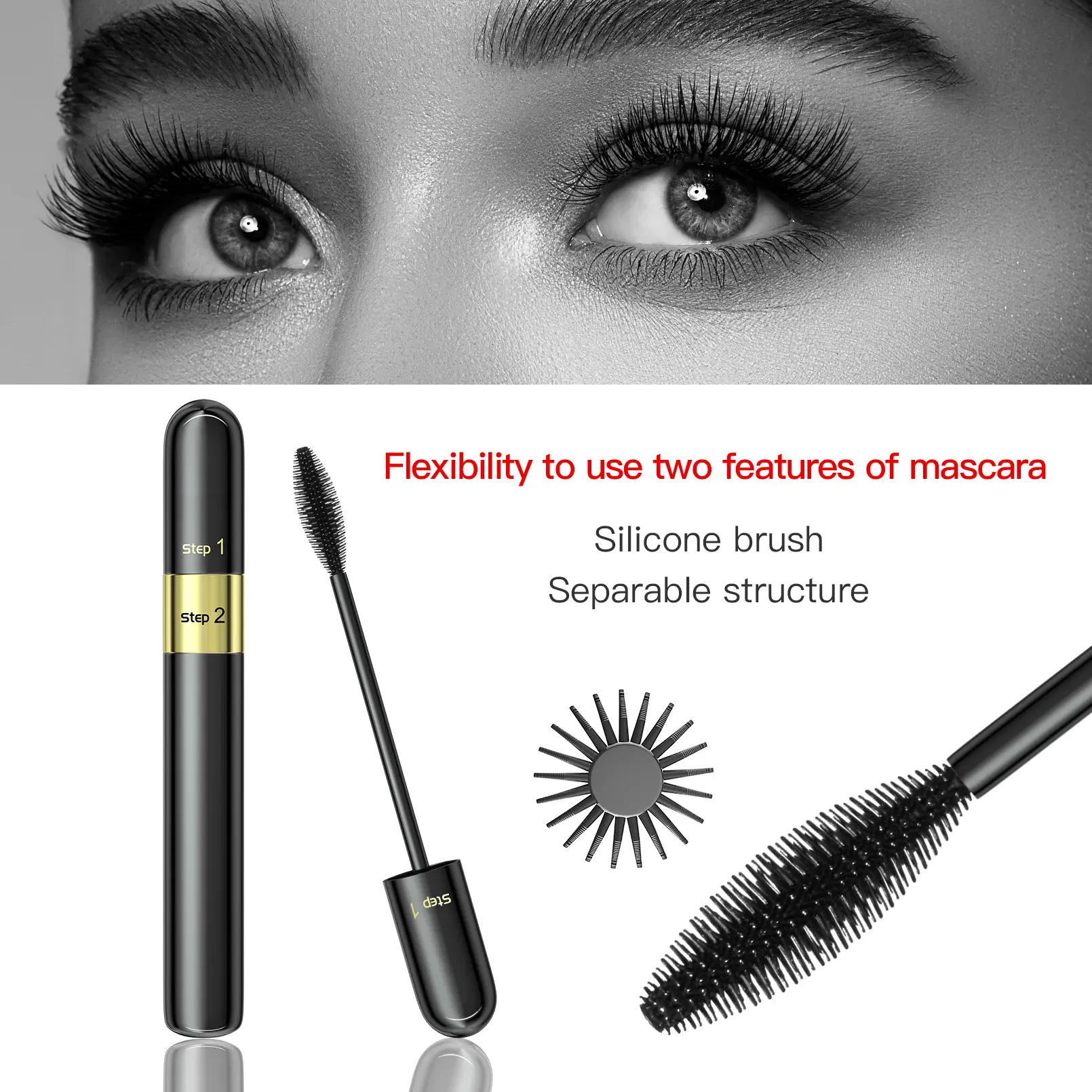 Sunflower Double Effect Waterproof Makeup Mascara - Lengthening, Curling, Dense, Smudge-proof, Cosmetic, Dense Volume, Long-Lasting