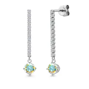 14K White Gold Mercury Mist Mystic Topaz and White Lab Grown Diamond Long Liner Dangle Earrings for Women | 1.46 Cttw | Gemstone November Birthstone | Round 5MM | White Gold Chain Drop Earrings
