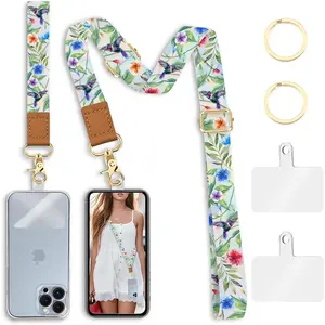 Phone Lanyard Crossbody Wrist Strap, Hummingbird Cell Phone Lanyards for Around The Neck Wristlet Shoulder, Adjustable Flower Floral Strap for Car Keys Keychain Wallet ID Badge