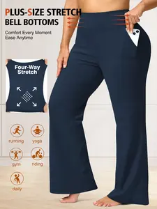 Hourglow Women's Plus Size Flare Pants, Side Pocket Design, Slim Fit Wide Leg, Casual, Perfect for, Dates, Dinners