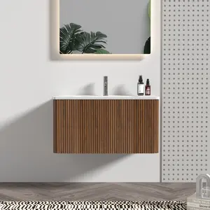 30" Striped Walnut Floating Bathroom Vanity with White Ceramic Sink – Wall-Mounted, Push-Open Drawer, Safe Curved Edges