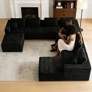 141.73“x141.73"Oversized 9 seater Sectional Boneless Couch for large Living Room，Cloud Couch Sectional with Deep Seats, Wide-Strip Corduroy Fabric, Compressed No-Assembly，Stupendous U Shaped Sofas with ottoman