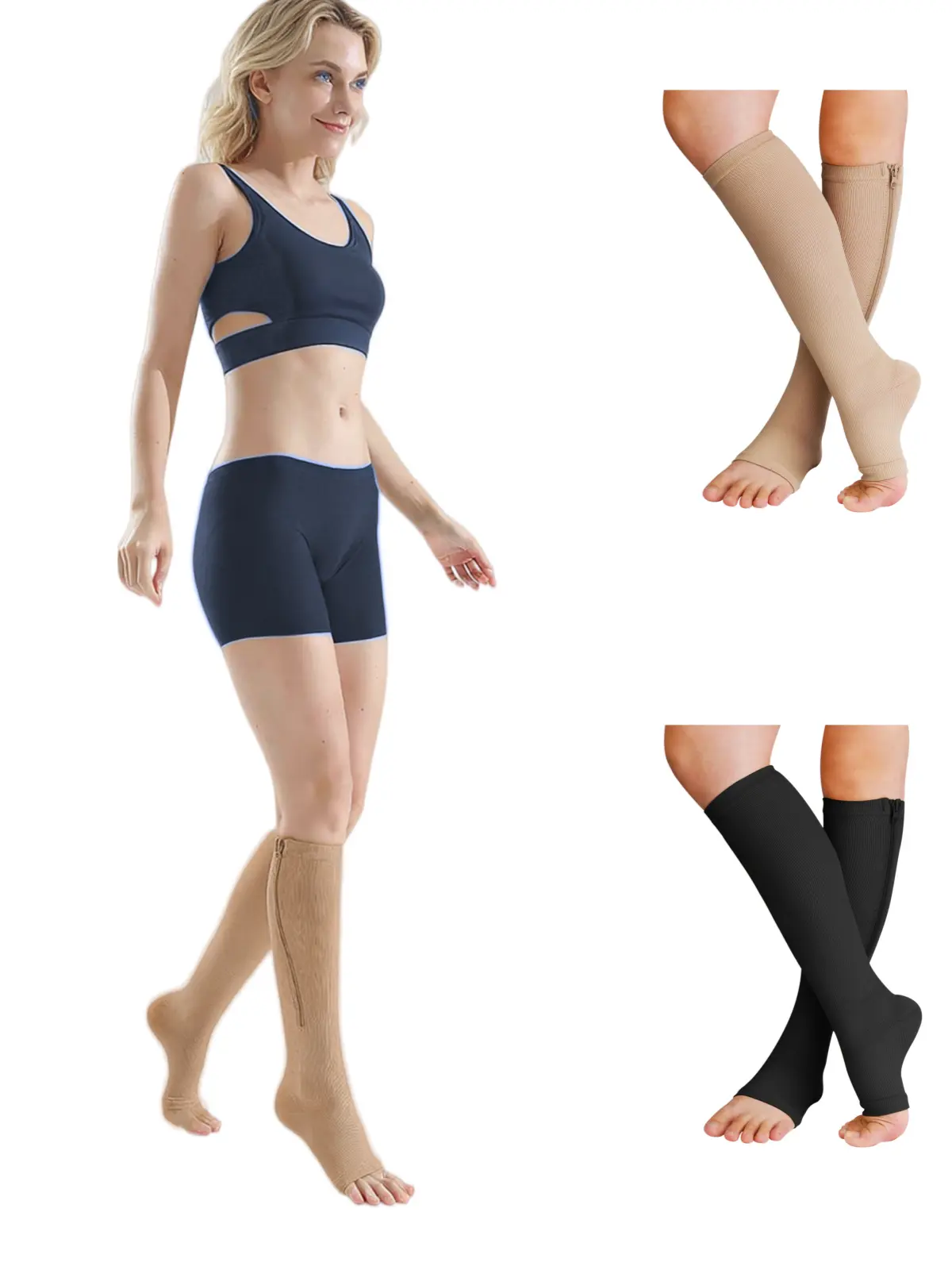 Sports Compression Socks (4 Pairs) - Nylon Fabric Compression Stockings, 20-30mmHg Graduated Pressure, Zipper Open Toe, Lateral-Longitudinal Leg Massage, Tear-Resistant Reinforced Heel, Wide Anti-Slip Cuff, for Teachers, Pregnant Women, Running