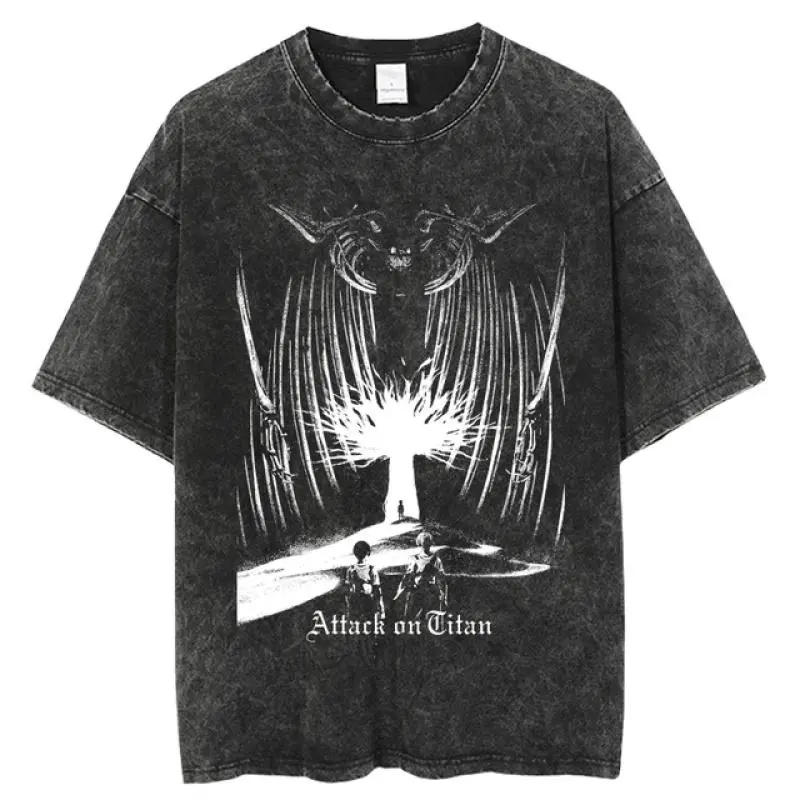 valentine shirts Vintage Eren Yaeger Print Cotton Casual Short Sleeve Daily Unisex Streetwear Tee Anime T-Shirt Attack on Titan Washed T Shirt