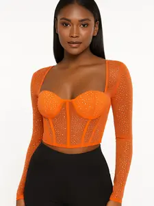 Blaire Shops Seline Corset Mesh Long Sleeve Rhinestone Top - Orange Rhinestone Embellished Mesh with Built-in Bra Cup for Women's Chic Summer Wear - Costumes Womenswear Clothes
