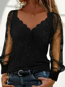 Women's Elegant V-Neck Sequined Contrast Mesh Long Sleeve Top, Slim-Fitting Summer Casual Party Commute Wear