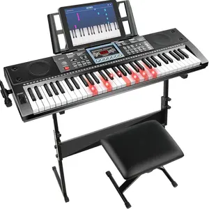 61 Key Keyboard Piano for Beginners w/Stand Bench, Dual Power Mode, Lighted  in Follow Mode, 70 Demos, 200 /Rhythms, Pitch Bend Metronome Sustain Sync Chord Dual Key Key Drum Program