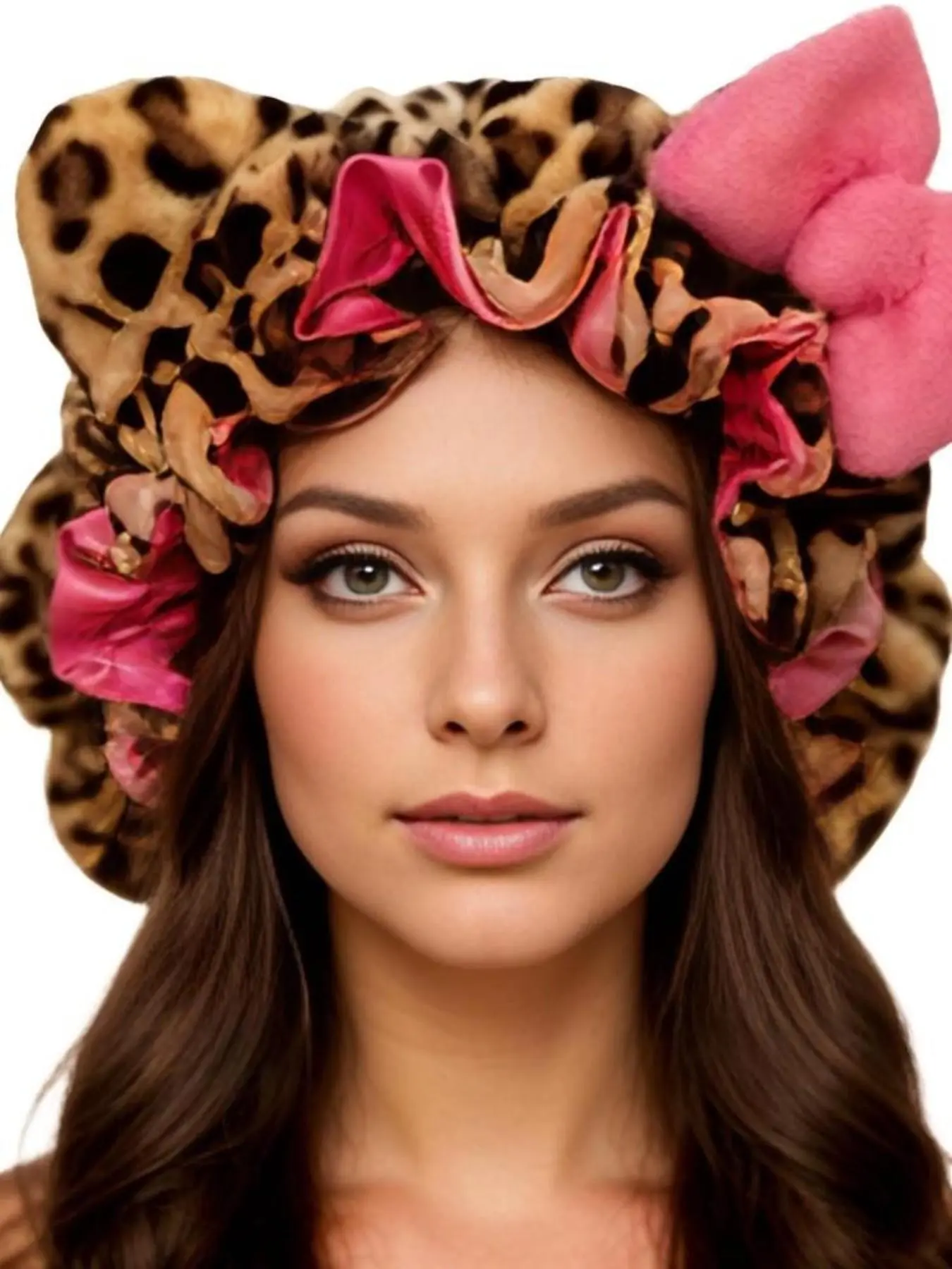 Leopard print striped plush 3D cat ear hair band headband for women, face-washing hair tie, wristlet, and waterproof sleeve accessory