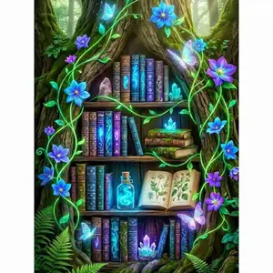 Enchanted Forest Magic Bookshelf Diamond Painting Kit, Glowing Magical Library with Floral Vines, Butterflies, Crystals & Potion Bottle 5D Round & Square Rhinestone DIY Cross Stitch, Whimsical Fantasy Cottagecore Wall Art Decor for Book Lovers