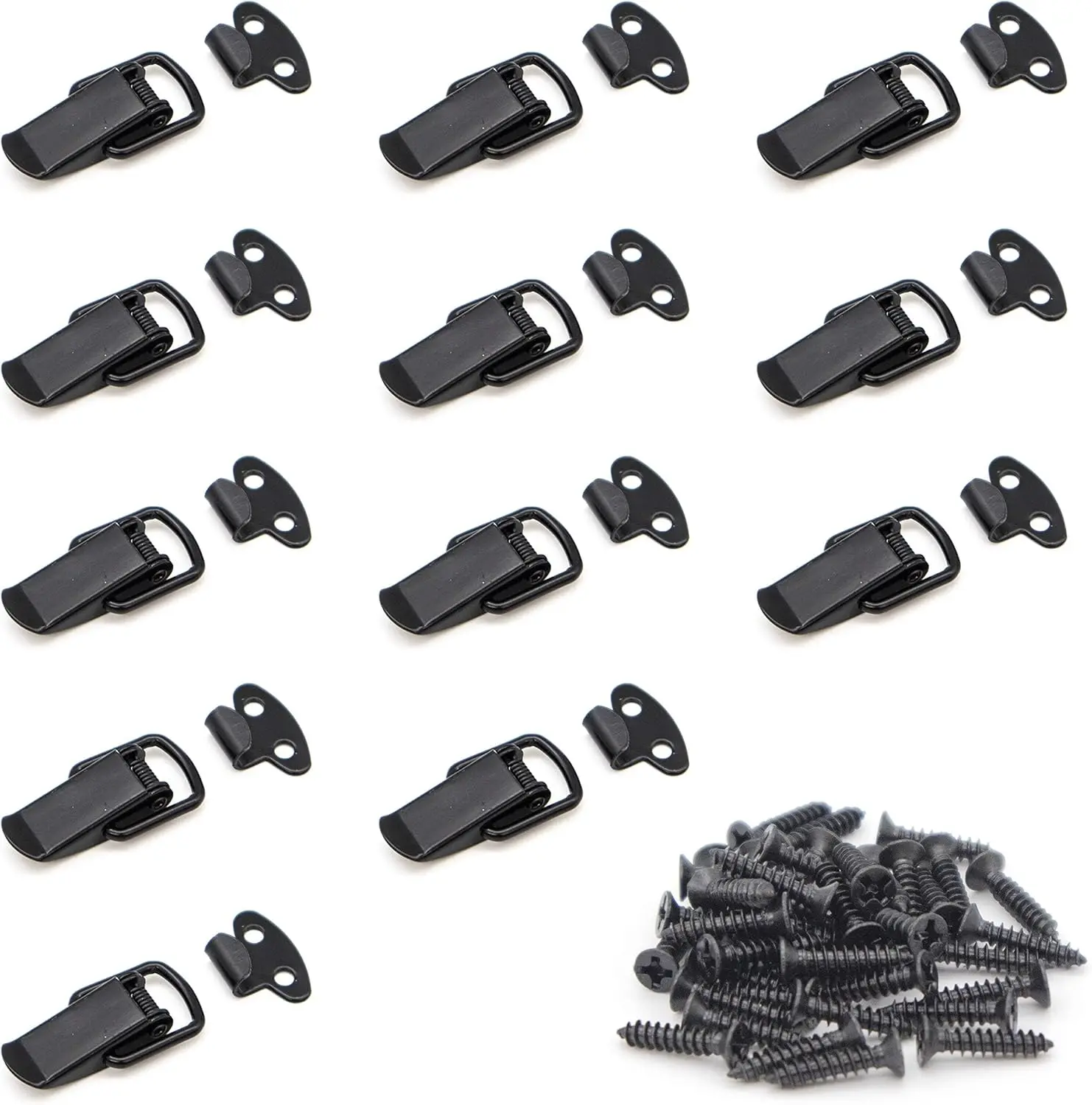 12 x Black Spring-Loaded Toggle Latches with 48 x Black Screws - Spring-Action Box Closures, Padlock Hasps Clasps + Screws Mounting Hardware for Wooden Toolboxes, Wood Surfaces (For Adults; Not for Kids Under 3)
