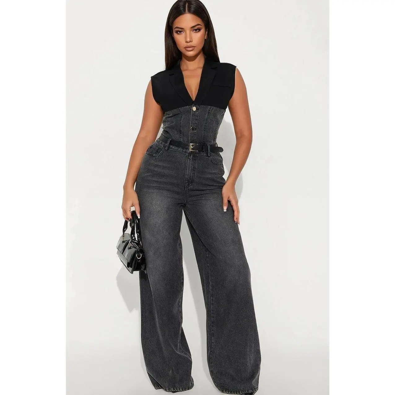 Women's Double Identity Denim Overalls - Black Wash V, Wide Leg, Adjustable Belt, Spandex