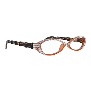 Lucky, Bling Reading Glasses, High End Readers +1.25 +1.50 +1.75 .. +3 Cat Eye. Bamboo Temple. (Orange) Optical Frames NY Fifth Avenue. Unisex Lightweight