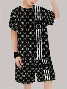 Boys' Cb Full-Print Summer Set, Striped Letter Design, Short Sleeve Shorts Two-Piece, Casual Fitted Style, Striped Sets