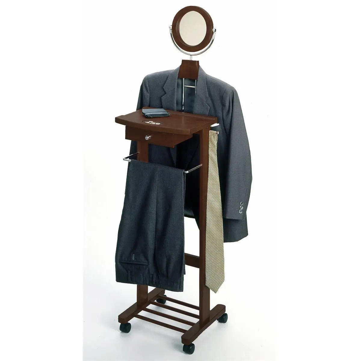 212 MAIN Multifunctional Wooden Antique Walnut & Beechwood Valet Stand - Marble Accents, Aluminium Racks, Drawer, Home Organizer for Shirts, Brushes, Ideal Gift for Home Storage Needs