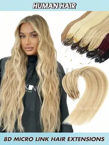 8D Micro Link Hair Extensions, Human Hair Micro Bead Extensions, Straight Platinum Blonde, 50 Strands, Nano Ring, Invisible Mini Silicone Beads