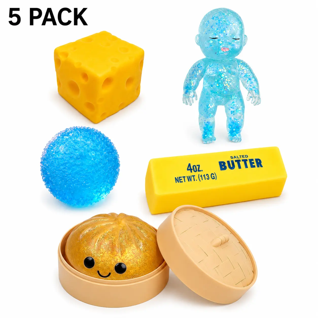 5 Pack Mixed Squishy Toys Set, Butter Squishy, Cheese Cube Squishy, Glitter Baby Doll Squishy & Crystal Mochi Squishy Ball, Individually Wrapped Soft Sensory game Squeeze Toys, Fast Rebound Filled Squishy Toys for Stress Relief -various texture