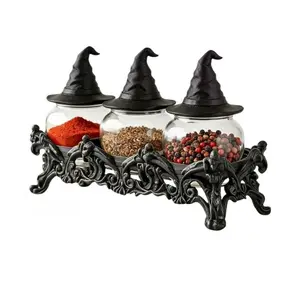 Vintage Witch Hat Spice Jar Set of 3, Gothic Glass Seasoning Bottle Storage Set with Display Stand and Distinctive Lids, Suitable for Kitchen Counter, Cabinet and Pantry Storage of Salt, Pepper and Spices, Festive Halloween Gift Decor