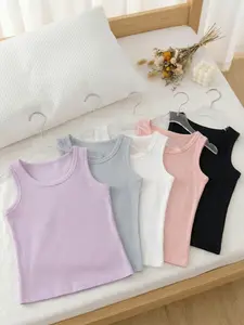 3/5 Pcs Plain Color Basic Girls' Wide Strap Tank Tops for Summer, Casual Sports Leisure Vest, Teenage Strappy Top, College Style, All Season, Comfortable Breathable Stretchy