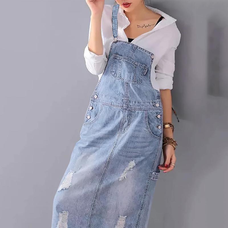 Chouyatou Women's Adjustable Strap Distressed Denim Overall Dress A-Line Pinafore Jean Dress with Split