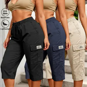 Casual Fashion Women's Cargo Capri Pants Elastic Drawstring Flap Pocket Design Solid Color Loose Fit Daily Street Casual Wear 3PC Women's Clothing