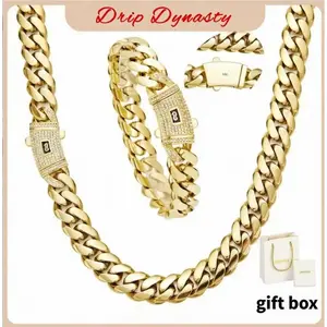 14K Gold-Plated Cuban Bracelet & Necklace Set, 6-14mm Sizes, Waterproof, Fade-Proof, Hypoallergenic, Timeless Shine Men's Jewelry Necklace, Perfect Gift Idea for Valentine's Day, Rapper Chain tiktokshopspringglowup tarnish
