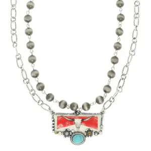 Western Red Bull Turquoise Pendant Necklace Blue