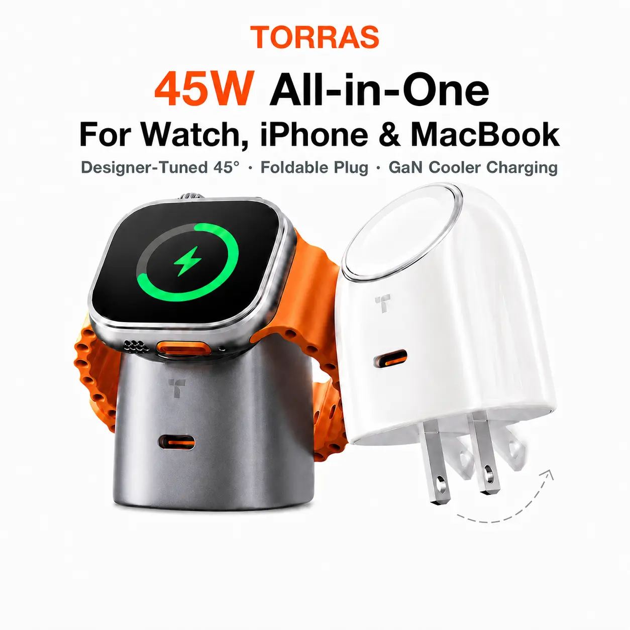 TORRAS Flasheye 45W 2-in-1 Magnetic Snap-On Charger for Apple Watch Ultra, iPhone 17 16 15 14 13 Pro Max, Compact Electronic Accessories for Smartphone, Cellphone, Wearable, USB-C PD Fast Charging for iPad & MacBook, Foldable Plug, Wall Charger sohochic