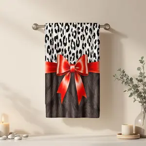 1Pc Leopard style Pattern with Red Bow and Black Bathroom Hand Towel Bath Towel, Multiple Size Microfiber Towel, Ultra-Soft Quick Dry and Absorbent Polyester Large Bath Towel, Unique Home Decorative Kitchen Towels, Premium Bath Towels