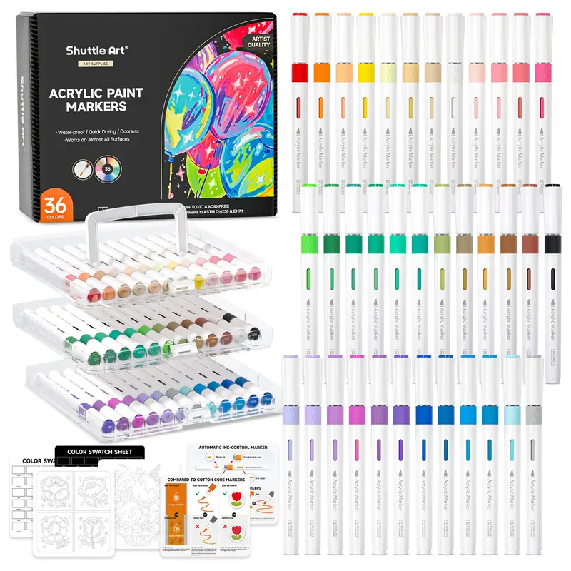 Shuttle Art-Automatic Ink Control Acrylic Paint Markers, 24/36/60/96 Colors Brush Tip Acrylic Paint Pens for Rock Painting, Ceramic, Wood, Canvas, Glass, Stone, Fabric, Card Making, DIY & Art Supplies modelpaintingmarkers,Pastel,Metallic,Storage Box