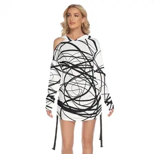 Women's One-shoulder Dress With Ruche Side Shirring, Abstract Black and White Scribble Print Spring Casual Style