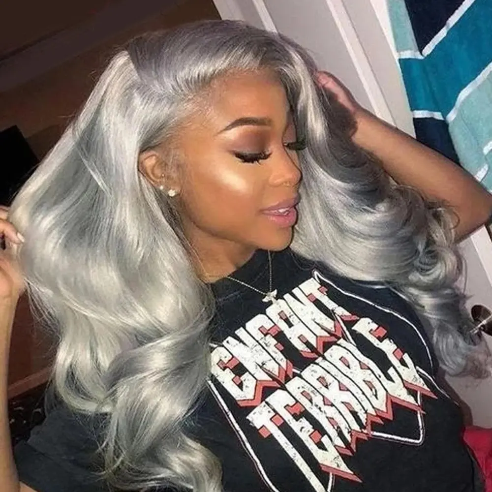 Women's 100% Human Hair 13x6 Transparent Lace Front Wig - Silver Grey Long Body Wave, Pre-Plucked, Heat Resistant Back-to-School Fashion Accessory