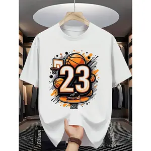 Men's Heavyweight-like 100% Cotton Basketball T-Shirt - 23 Jersey Number & Iconic Logo Print, Lightweight Preshrunk Short Sleeve Tee for Sports, Casual Wear (S-XXXL) - -Inspired Design, Double-Needle Stitched Neckline Rifle