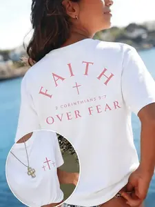 Faith Over Fear Graphic Lightweight T-Shirt, 2 Corinthians 5:7 Bible Verse Print Short Sleeve Tee, Christian Faith Casual Top for Women, Religious Streetwear, Fashion, Faith Based Summer Outfit Apparel, Clothes
