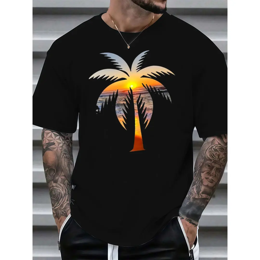 100% Cotton Palm Tree And Sunset T-Shirt – Casual Short Sleeve For Laid-Back Days Golf Gift T-Shirt For Men And Women