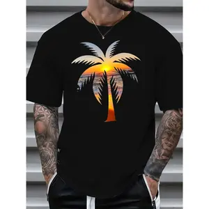 Men's Palm Tree and Sunset T-Shirt - Menswear, Fitted Short-Sleeve Tshirt for Laid-Back Days
