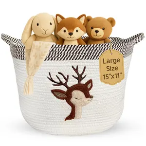 Deer Storage Basket for Nursery – 15”x11” Cotton Rope Bin with Soft Felt Patch – Perfect for Toys, Diapers, Laundry & More – Cute, Foldable, Washable & Safe for Babies – Great for Safari or Woodland-Themed Rooms