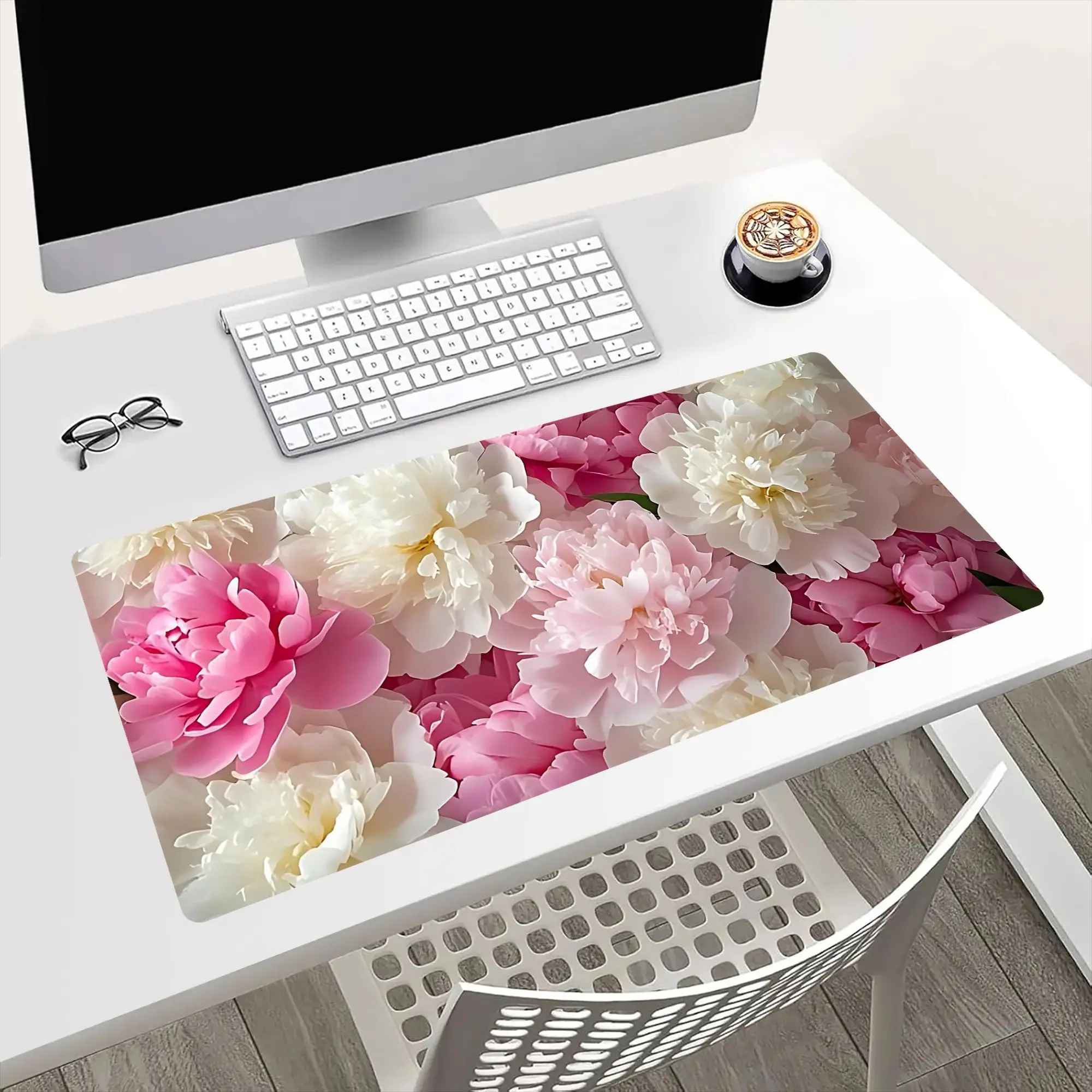 High Quality Floral Extended Gaming Desk Mat With Stitched Edges - Rubber Mouse Pad, Non-Slip Rectangular Design For Office, School, And Home