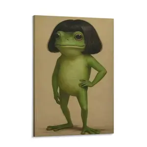 Whimsical Frog Portrait Canvas Poster Funny Animal Abstract Mimalist Green Funny Frog Poster Art Print Bob Haircut Kids Playroom Decor Frog Lover Gift Unique Wall Artquirky wall decor
