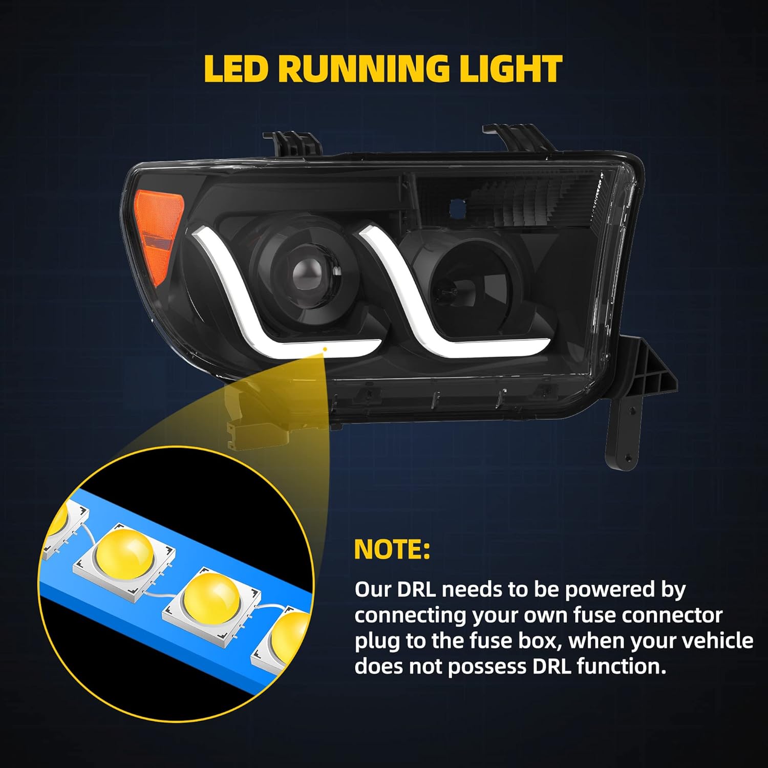 YITAMOTOR Headlights Assembly Compatible with 2007-2013 Tundra/ 2008-2017 Sequoia Headlamp Black Housing Amber Reflector