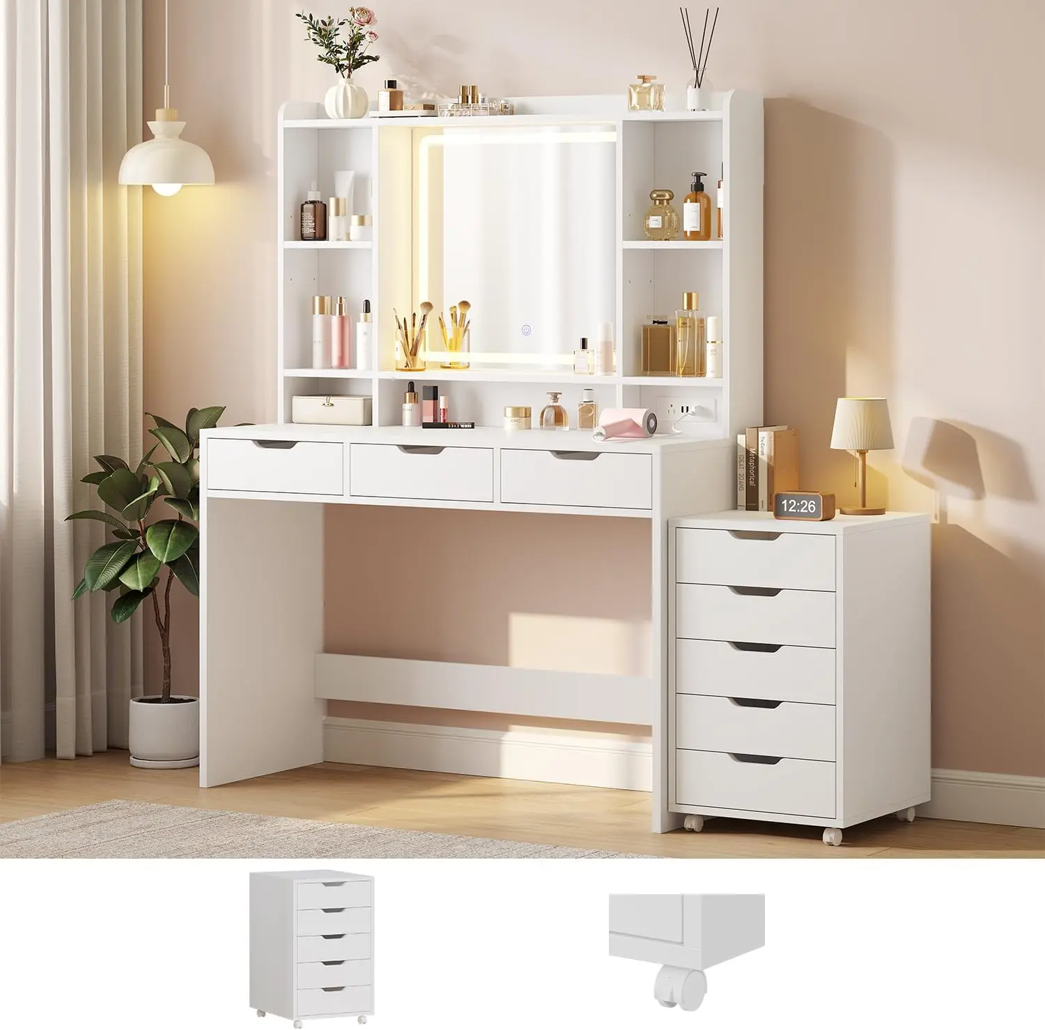 ADORNEVE Makeup Vanity with Rolling Drawer Cabinet, 8-Drawer Vanity Desk with Lighted Mirror, 6 Shelves, Built-in Power Outlet & 3-Color LED Touch Mirror, Corner Vanity for Girls Small Bedroom