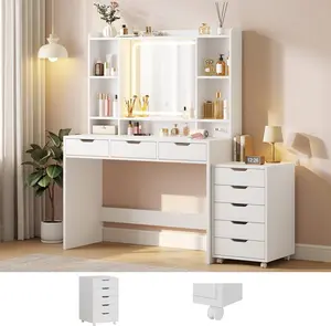 ADORNEVE Makeup Vanity with Rolling Drawer Cabinet, 8-Drawer Vanity Desk with Lighted Mirror, 6 Shelves, Built-in Power Outlet & 3-Color LED Touch Mirror, Corner Vanity for Girls Small Bedroom