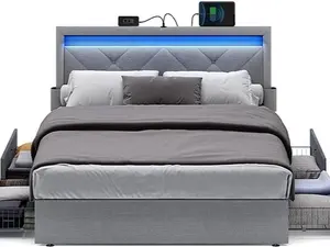 SONGMICS LED Bed Frame Queen Size with Headboard and 4 Drawers, 1 USB Port and 1 Type C Port, Adjustable Upholstered Headboard