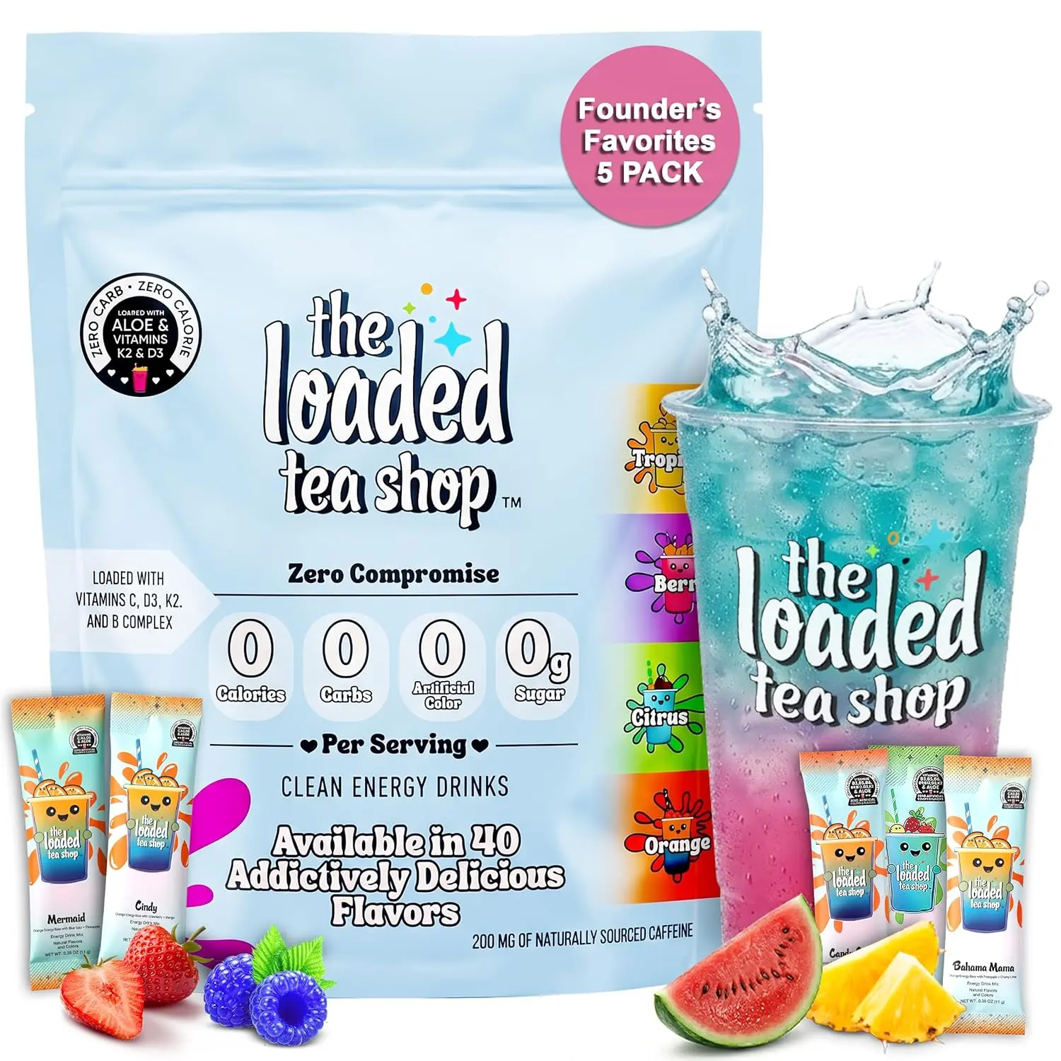 HOT!!! The Loaded Tea Shop Energy Drink Mix Sticks, Founders Favorites 5 Pack, Sugar-Free, Zero Calories, 200mg Natural Caffeine, No Artificial Colors/Flavors, Powder Packets w/ B Vitamins - Energy Drink Alternative